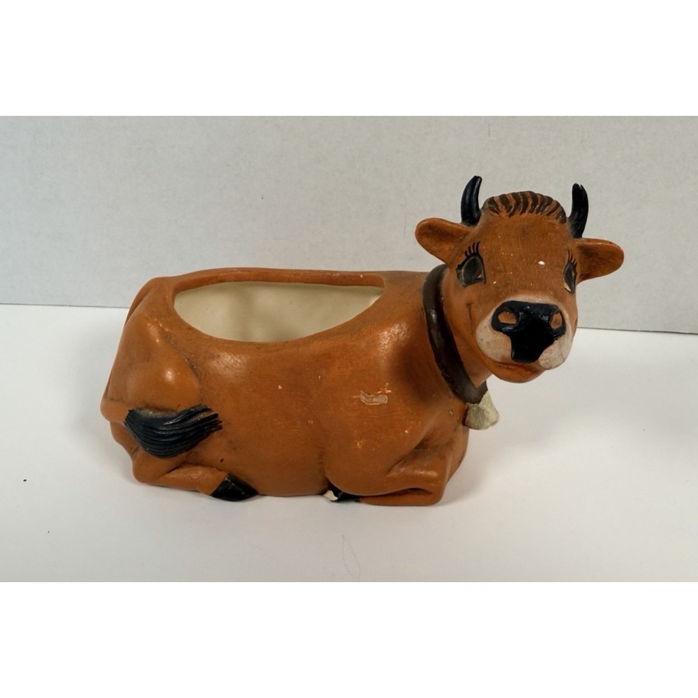 Vintage Pottery Small Brown Cow Planter Figurine MCM Farmhouse Country Decor 7"